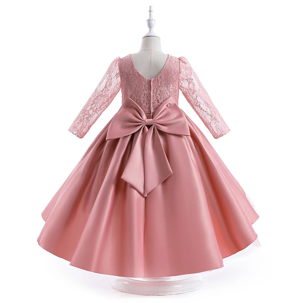 Summer White Lace Bridemaid Girl Dress Trailing Long Sleeve Flower Princess Dress