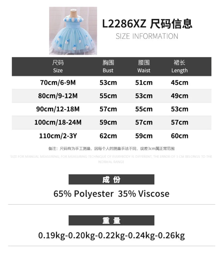 New Baby Girls 1st Princess Dress Infant Three-dimensional Flower One-word Shoulder Mesh Dress Baby Girl Performance Dress ASQ03