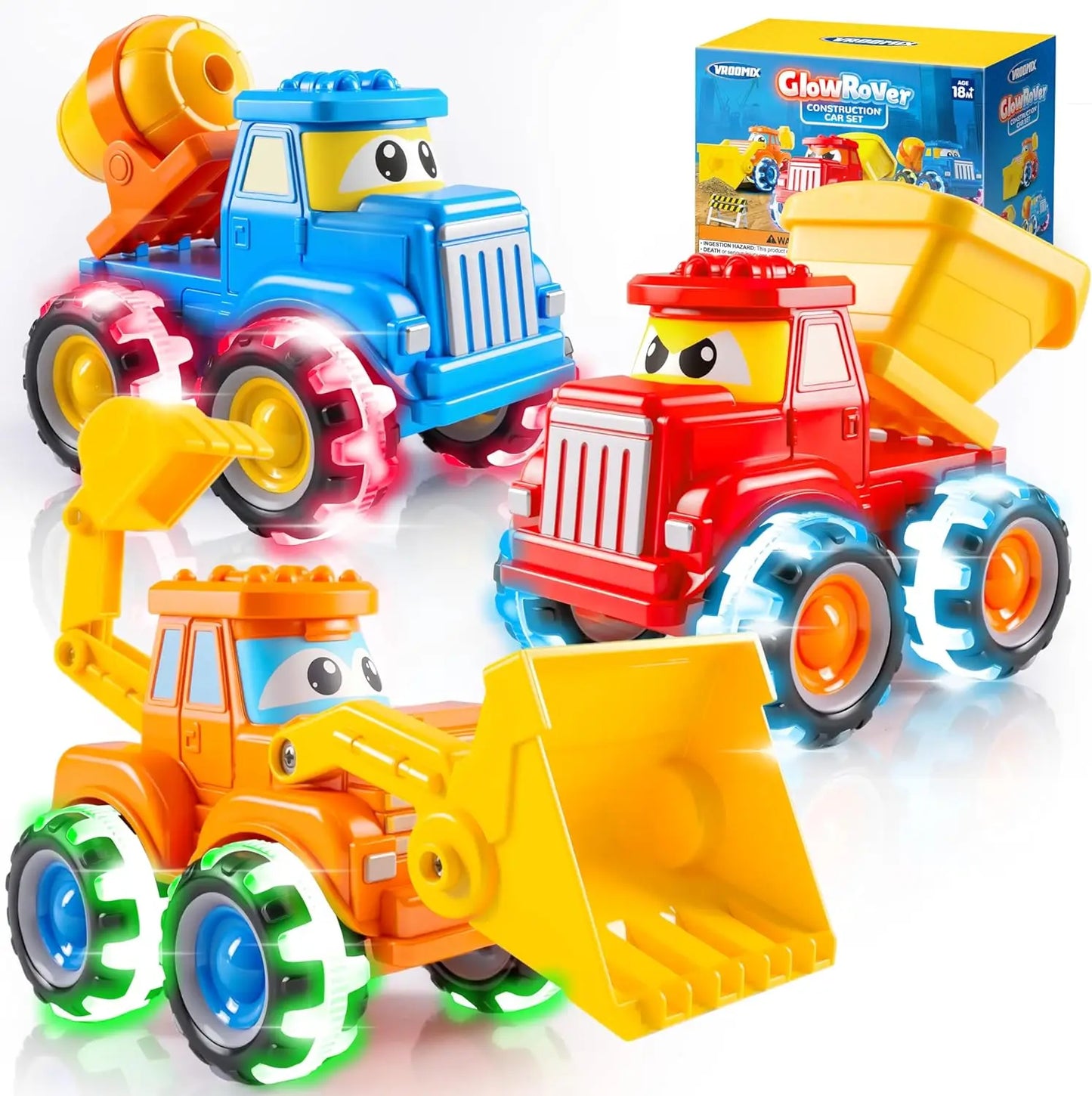 Joyfy GlowRover 3 Pack Monster Truck Toys City Construction Cars