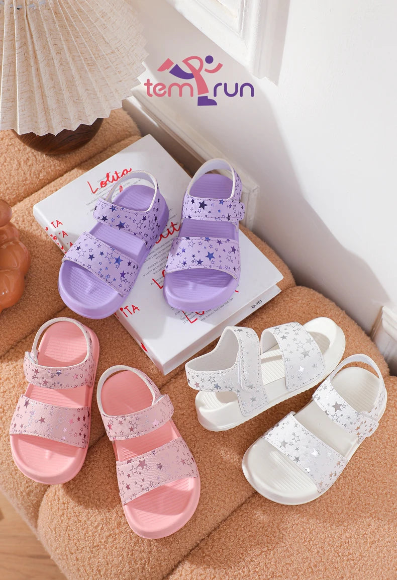Girls' Shiny Star Outdoor Sandals Summer Printed Soft-Soled Non-slip Slippers Open-Toe Durable Baby Beach Shoes