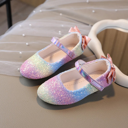 2026 Girl Shoes Spring New Girls Soft Sole Leather Shoes Rainbow Sequins Dress Princess Shoes