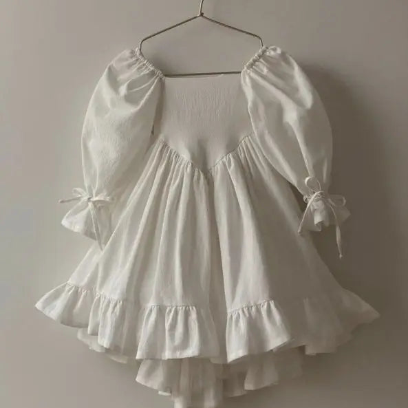 Kids Puff Sleeve White Dress Girls Cotton Linen Lolita Princess Dresses