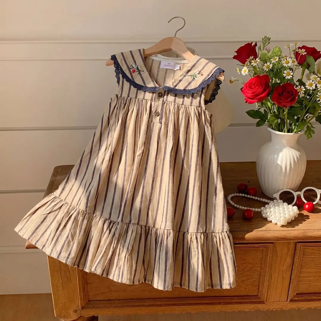 Baby Girl Pure Cotton Princess Dress Summer New Style Girls' Striped Embroidered Dress