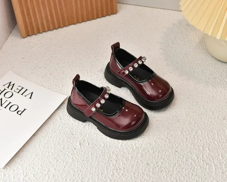 Girls Performance Shoes Round Toes Glossy 2025 Spring Autumn Kids Leather Shoes Pu Soft Sole Girls Flat Shoes Non-slip Ins Trend