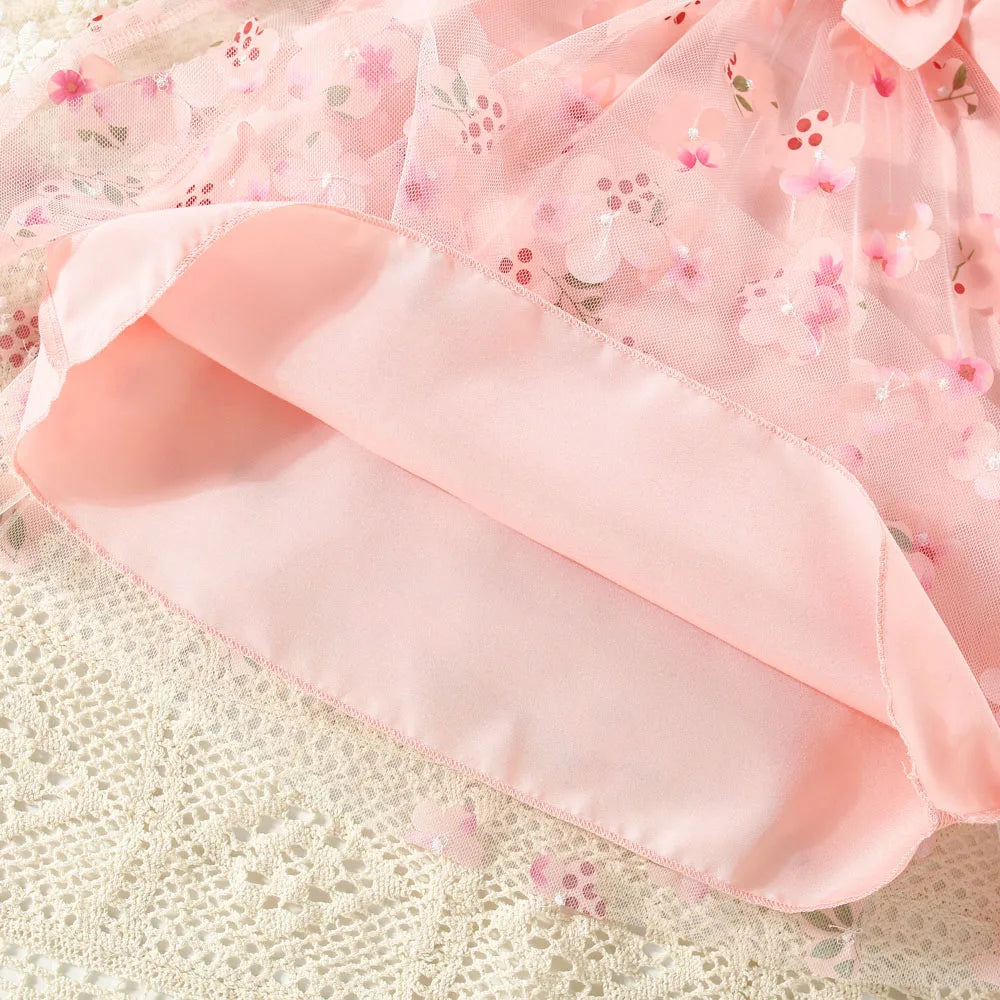 (0-3 Years Old) Summer Mesh All Over Flower Bow Baby Girl Dress