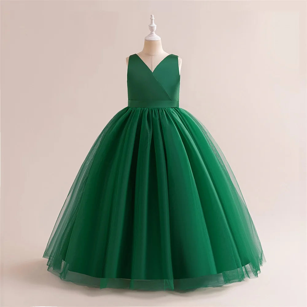Girl Long White Bridesmaid Dresses For Wedding Prom Gown Big Bow Girls Party Dress