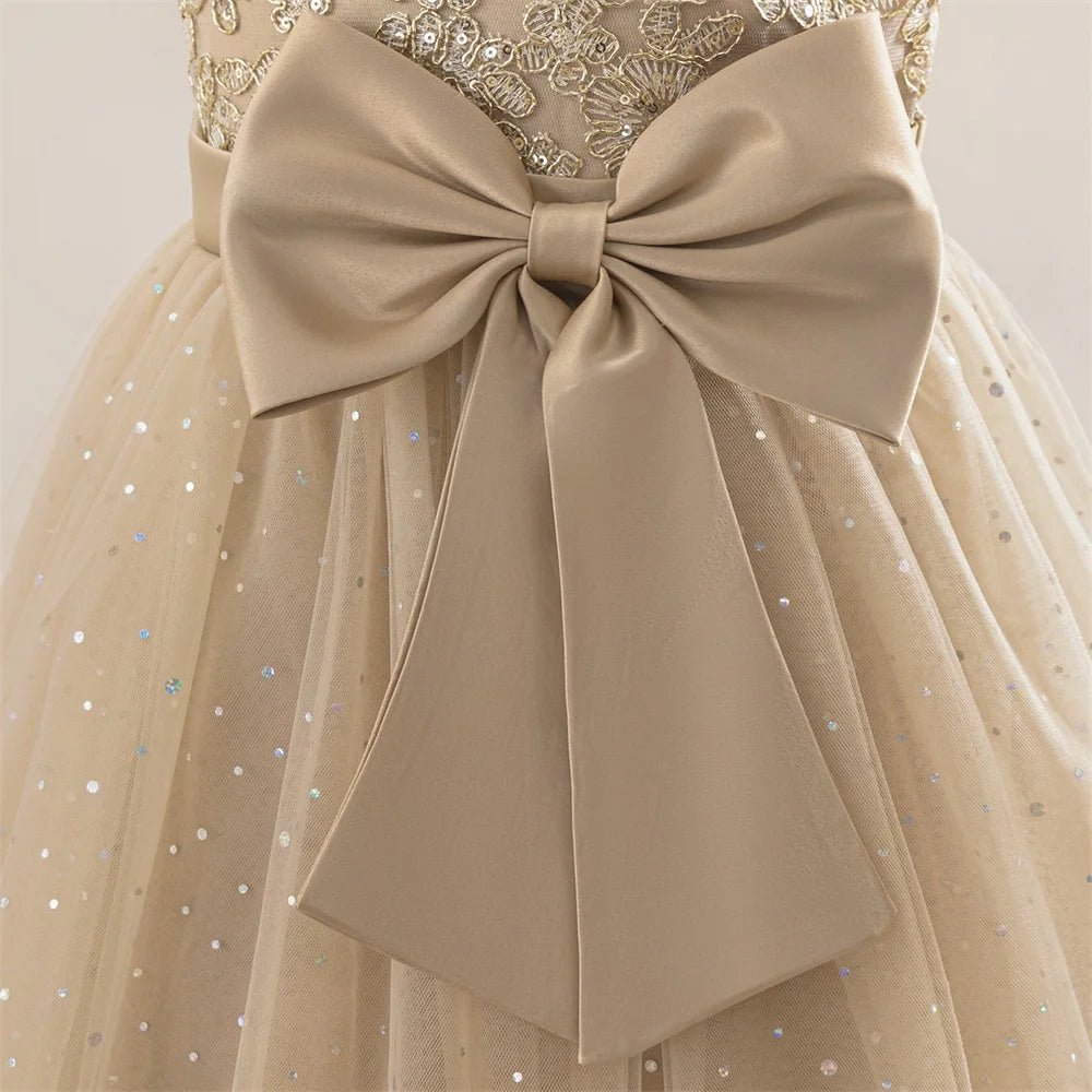Girls Flower Embroidery Party Dress Kids Big Bow Long Wedding Bridesmaid