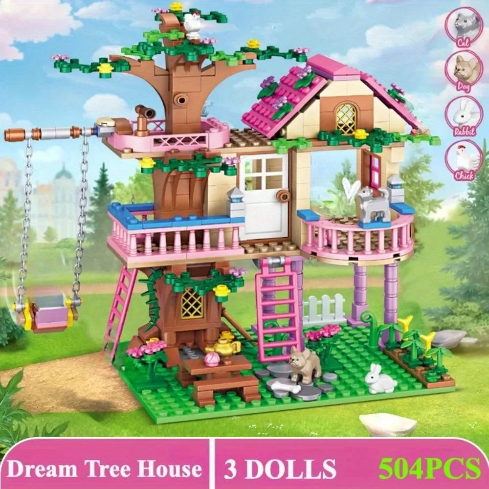 504pcs Friends City Tree House Summer Holiday Villa Castle Building Blocks Sets Figures Garden DIY Toys for Kids Girl Birthday