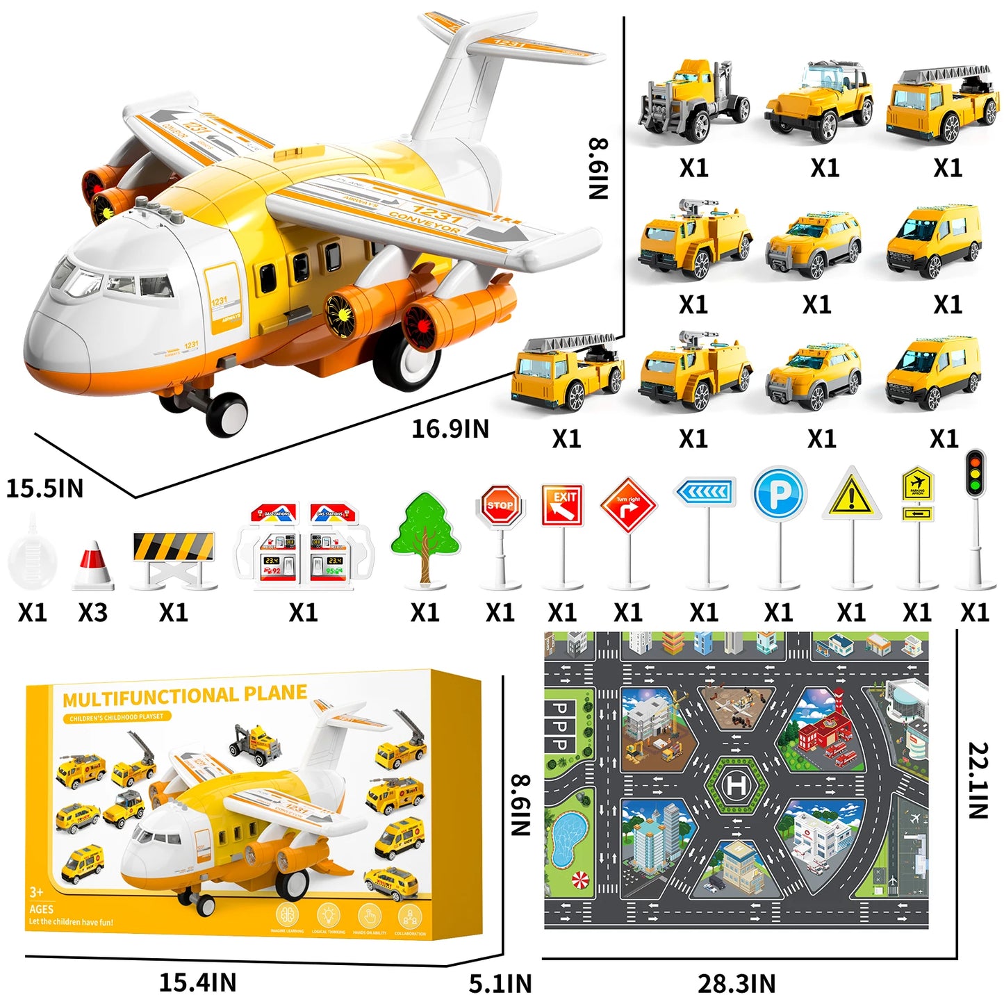 Kids Airplane Toy Set With Fire Trucks For Ages 4-8