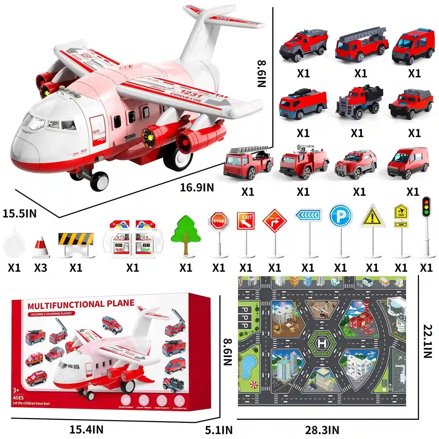 Kids Airplane Toy Set With Fire Trucks For Ages 4-8