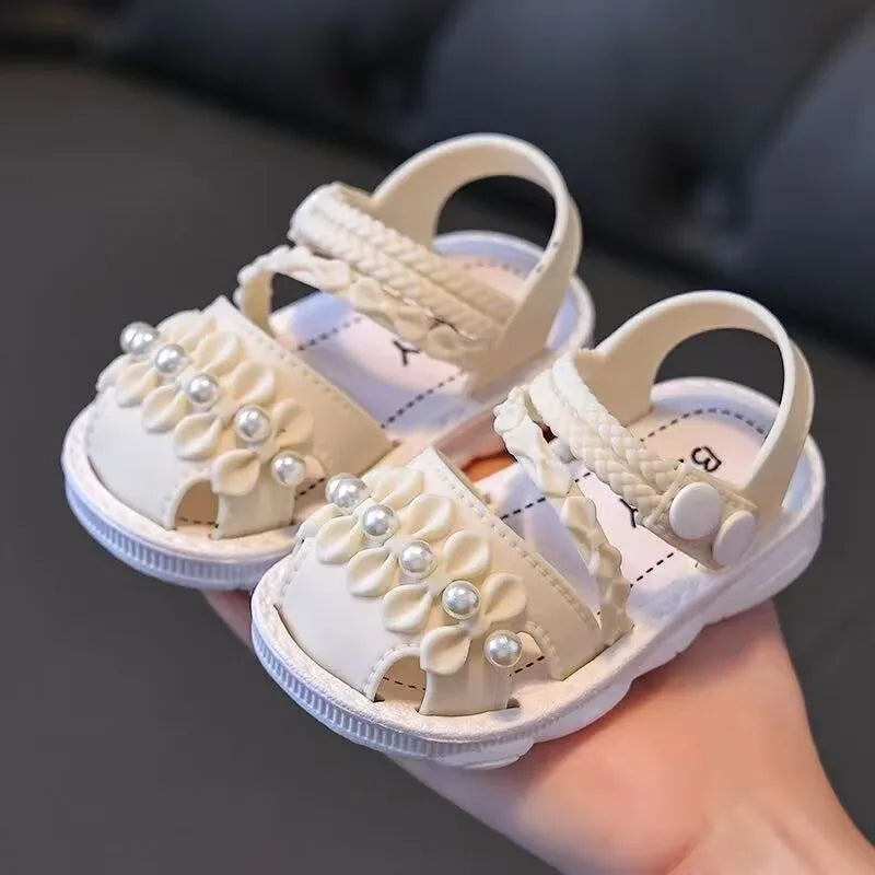 Summer Girls Sandals Cute Bow Pearl Bead Baby Girl Shoes Soft Bottom Toddler Sandals