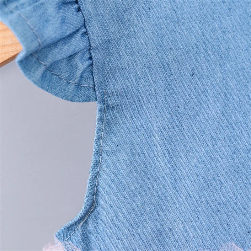 Baby Girls Dresses Summer 1-4Years Kids Tulle Dress Ruffles Sleeve Denim Cotton Mesh
