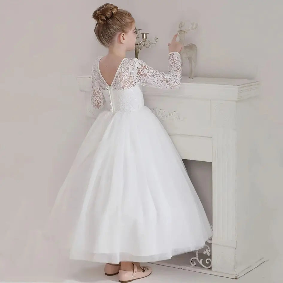 Elegant White Long Sleeve Lace Flower Girl Embroidered Princess Dress