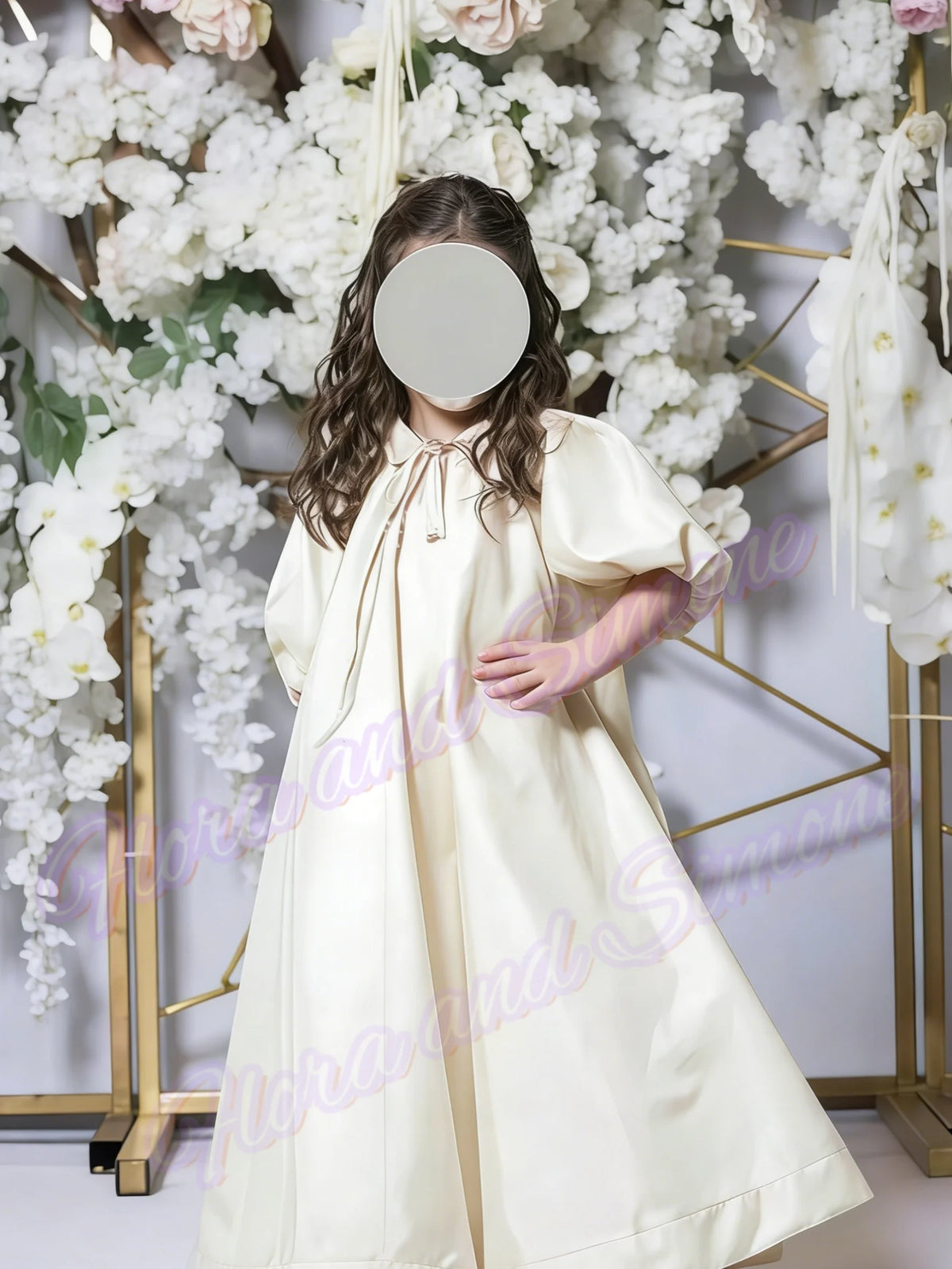 Girl Gowns Half Sleeves Ribbon Pink Satin Flower Girl Dress for Wedding Ceremonies
