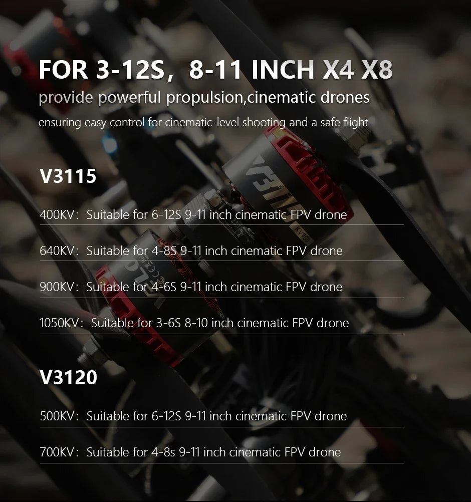T-MOTOR V3115 V3120 Brushless Motor 400kv/500kv/640kv/700kv/900kv/1050kv for 3-12S 8-11 inch X4 X8 RC Racing FPV Drones