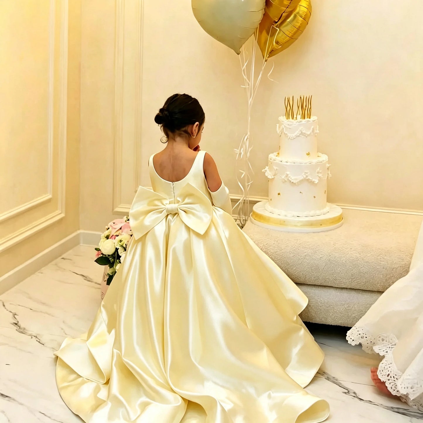 Flower Girl Dress White Satin A-Line Bow Back Long Train Flower Girl Gown Toddler Wedding Pageant Events Customized Wholesale