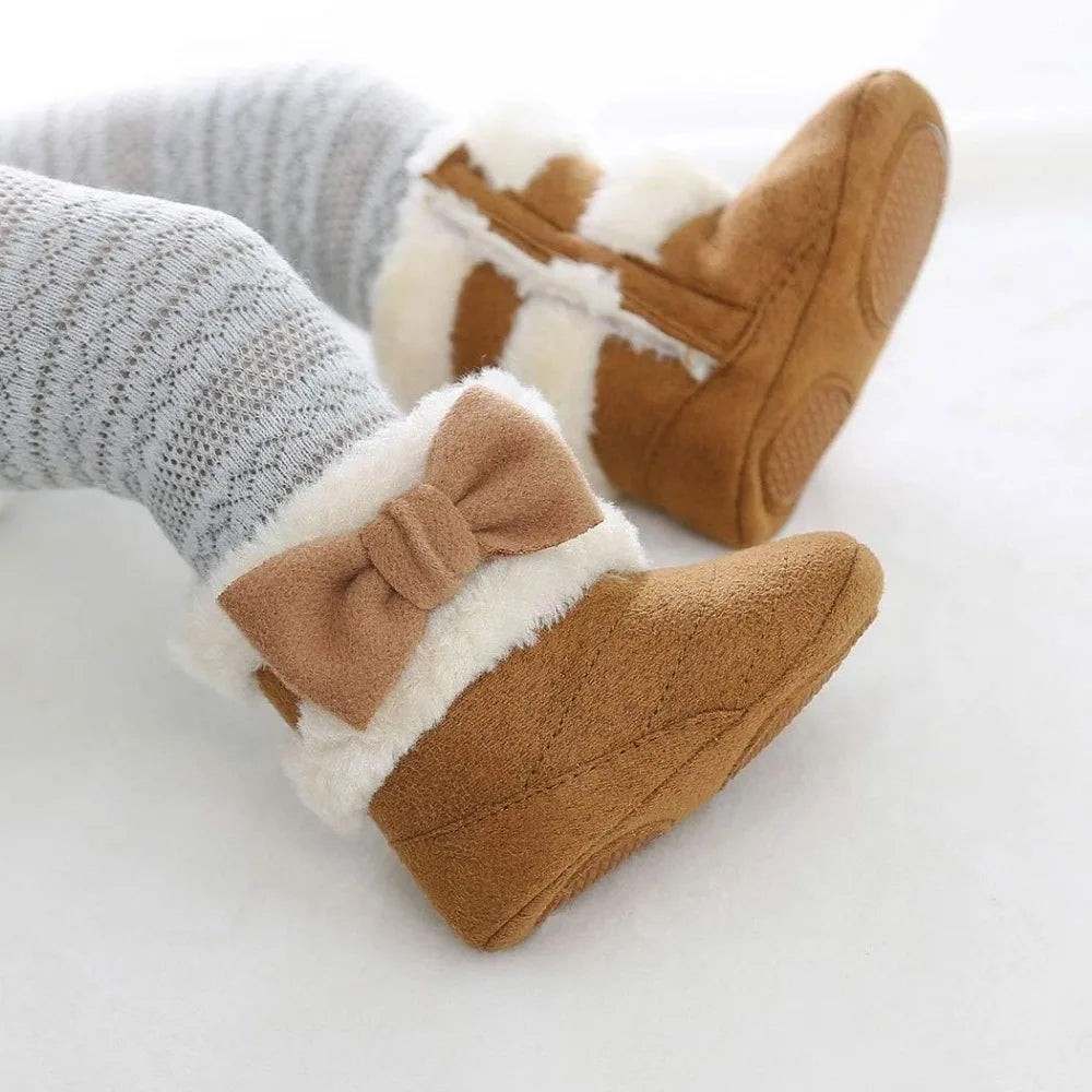 1Pair Baby Boots, Baby Girl Cute Bowknot Snow Boots, Soft Sole, Non-slip, Warm, Winter Padded Newborn Baby Walking Shoes