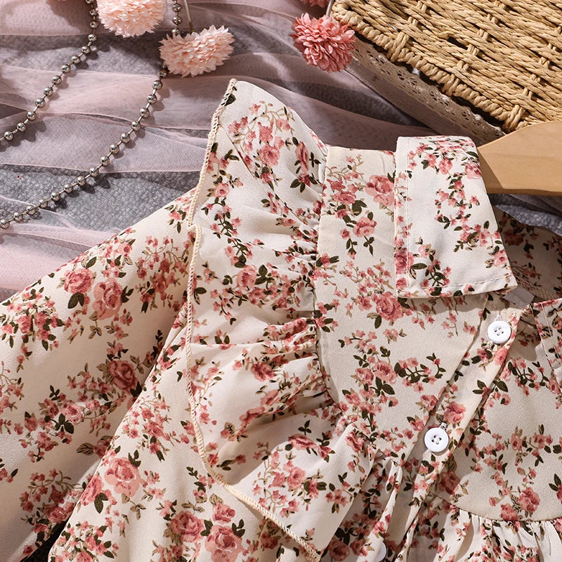 Girls' Peasant Style Dress 8-12 Years Floral Print Lapel Pink Mesh Hem Sweet Elegant Dress