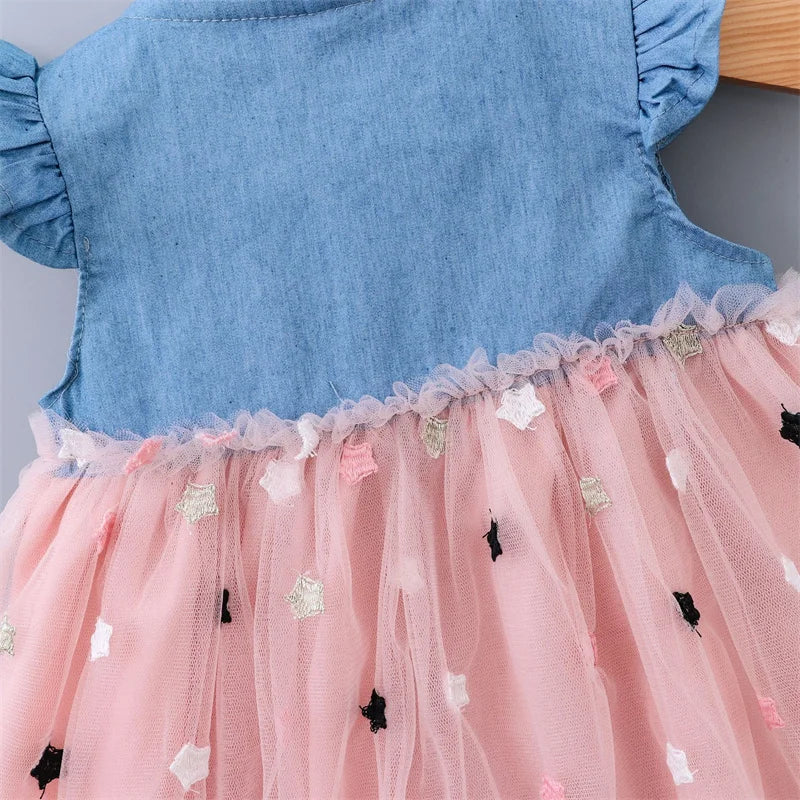 Baby Girls Dresses Summer 1-4Years Kids Tulle Dress Ruffles Sleeve Denim Cotton Mesh
