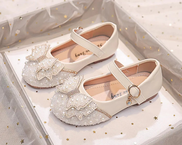 Autumn Fashion Pearl Bow Rhinestone Little Girl Shoes Flat Heels Kids Princess Shoes