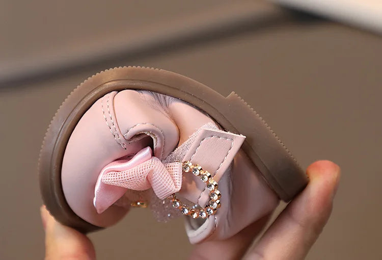 Baby Girl Leather Shoes Kids Bow Pearl Princess Shoes Shallow Soft Sole Cute First Walkers Infant Toddler Cartoon Single Shoes