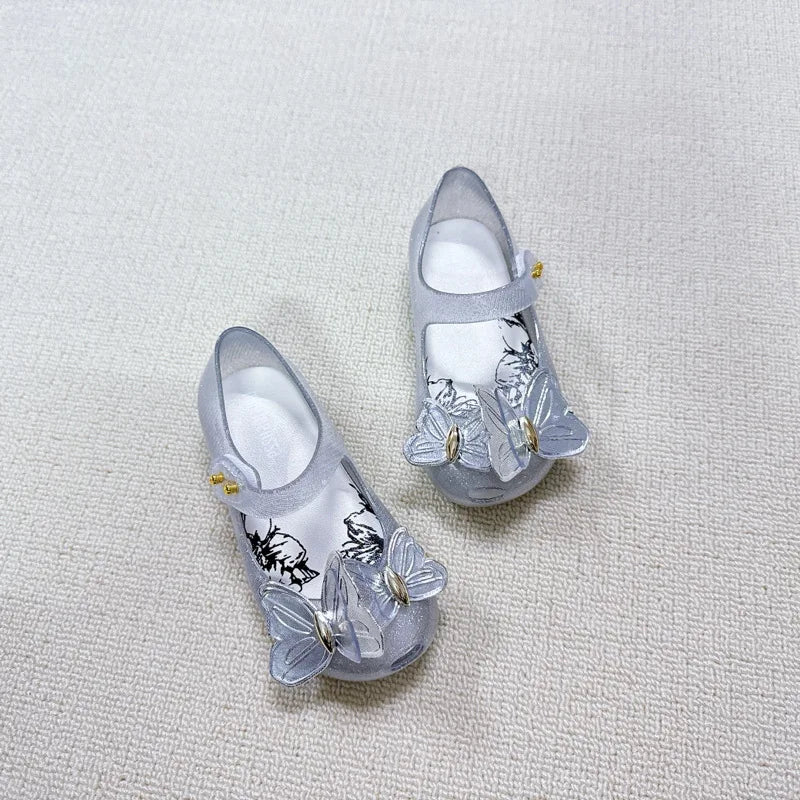 Children's Fashion Shoes Pink Metal Sequins Three-dimensional Butterfly Rhinestone Jelly Girls' Beach Sandals Trendy Shoes