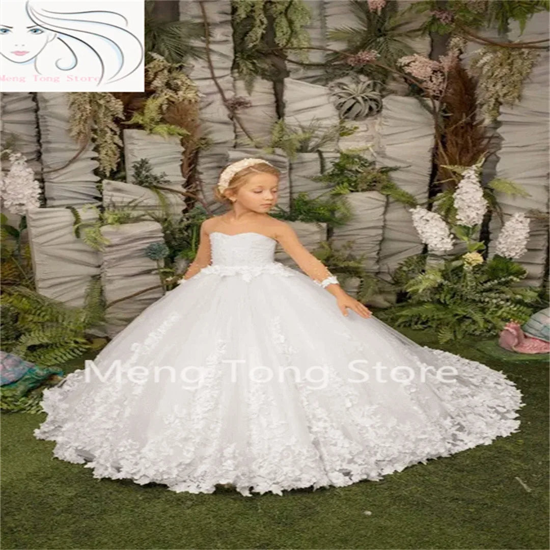 Elegance Flower Girl Dress Three Quartersleeve Appliqué Children Wedding Party Dress