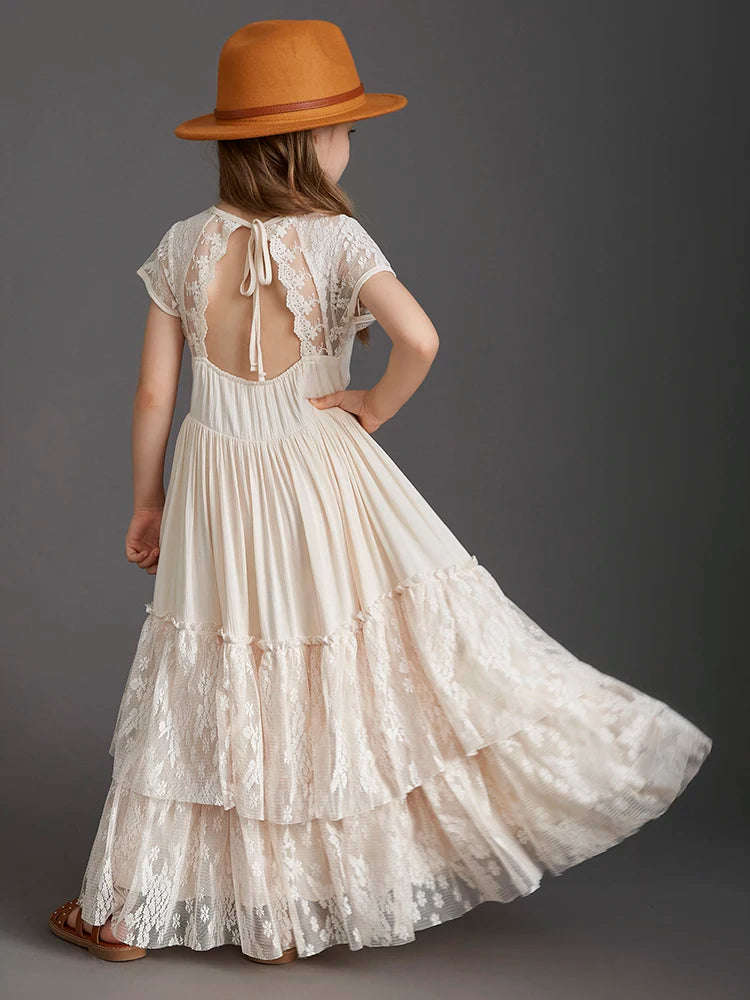 New 2024 Princess Girls Short Sleeve Lace Long Floor Dresses