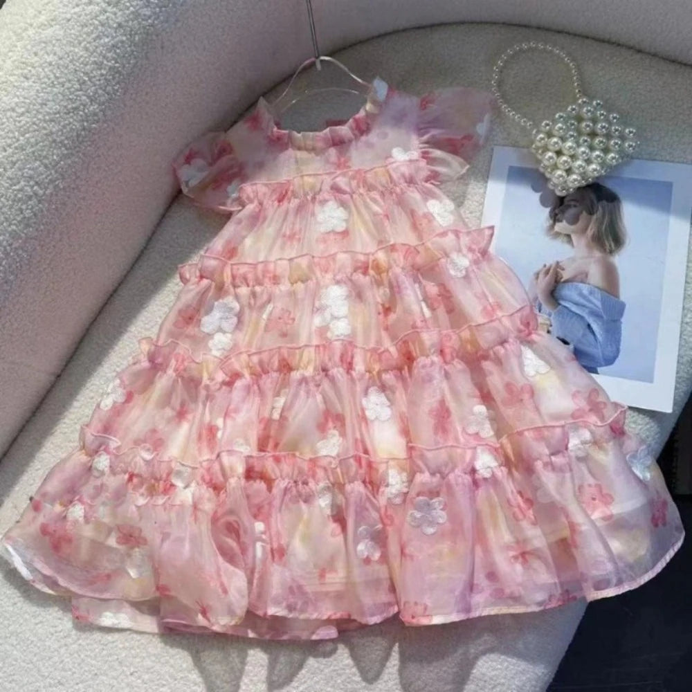 Summer New Pink 3-7 Year Old Girl Casual Clothes Round Neck Lace Floral Dress