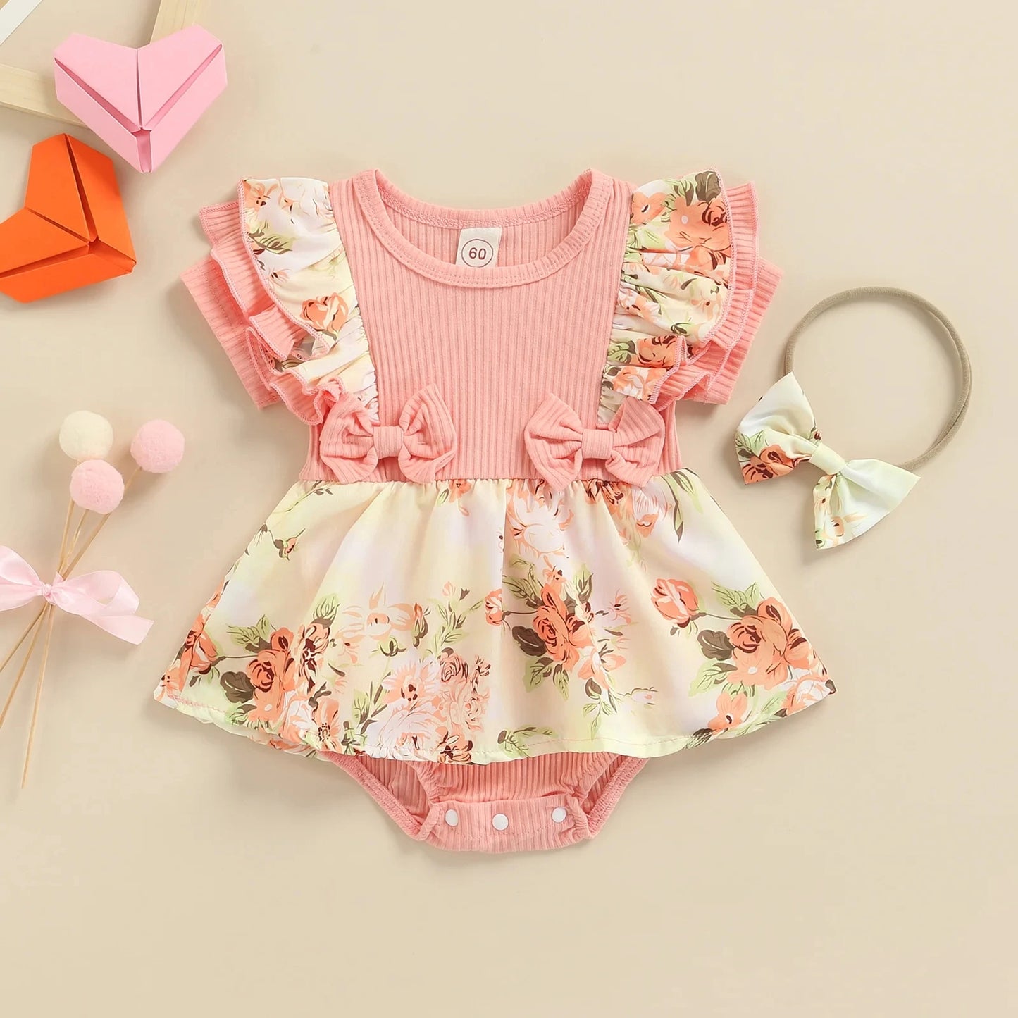 Posie Baby Girls Summer Dress Bodysuit with Bow Headband