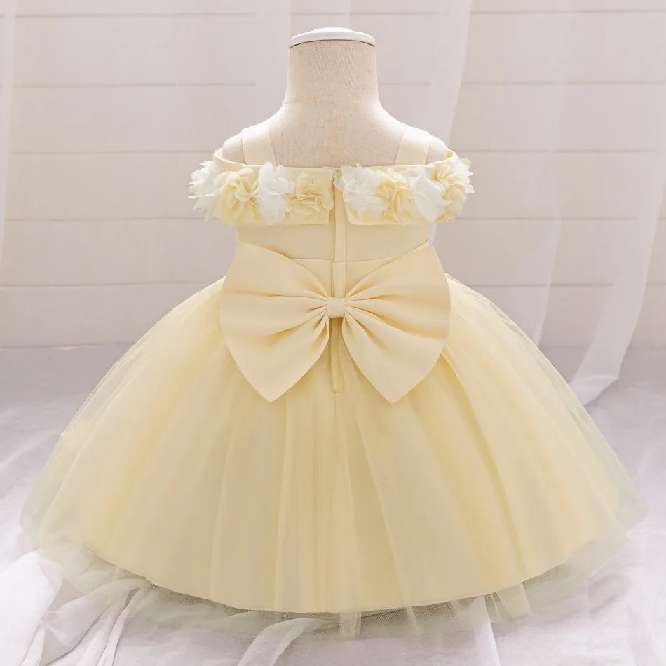 New Baby Girls 1st Princess Dress Infant Three-dimensional Flower One-word Shoulder Mesh Dress Baby Girl Performance Dress ASQ03
