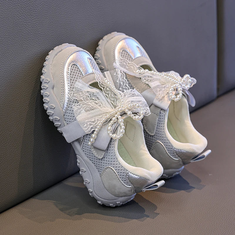 2026 Summer Kids Sport Sneakers for Girl Pearl Lace Mary Jane Flats Lightweight Non-Slip