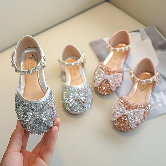 New Children Princess Shoes for Girls Bowtie Glitter Children Baby Dance Shoes