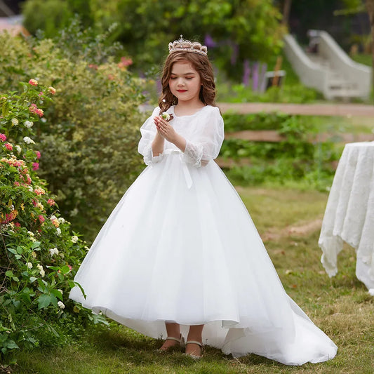 White Bridemaid Girl Dresses Children Costume Bow Lace Pageant Wedding Dress