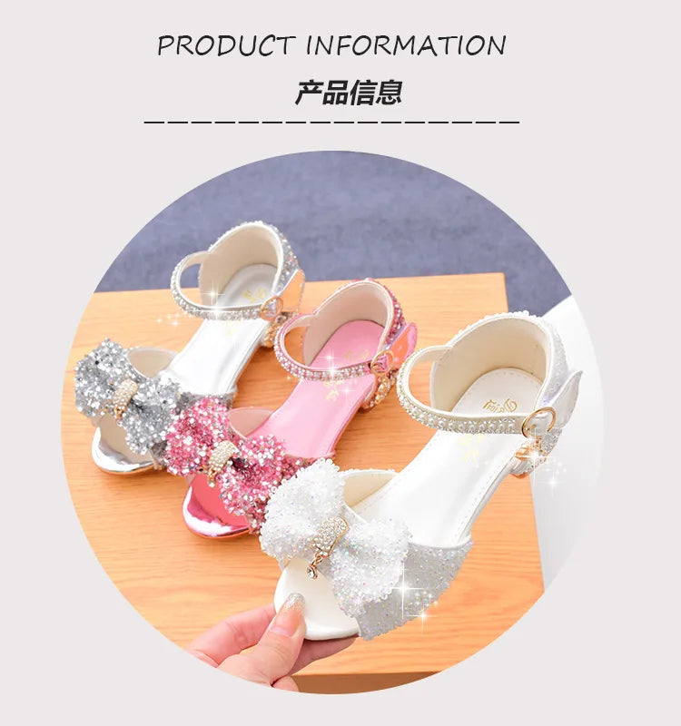 Children's Sandals Summer 2025 New Kids Crystal Bowknot Girls High Heels Soft Soled White Princess Wedding Performance Shoes
