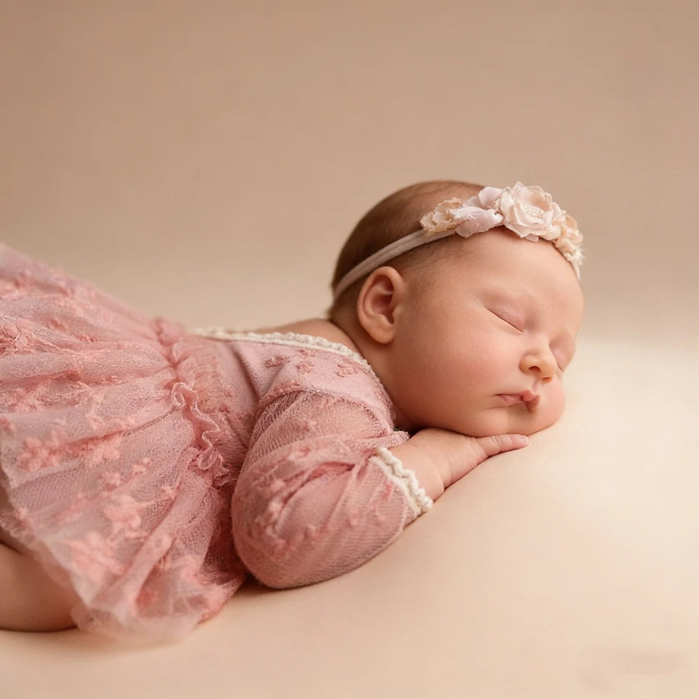 Baby Girl Tutu Dress Pink Lace Floral Embroidered Long Sleeve Romper Newborn Photography Outfit Photo Shoot