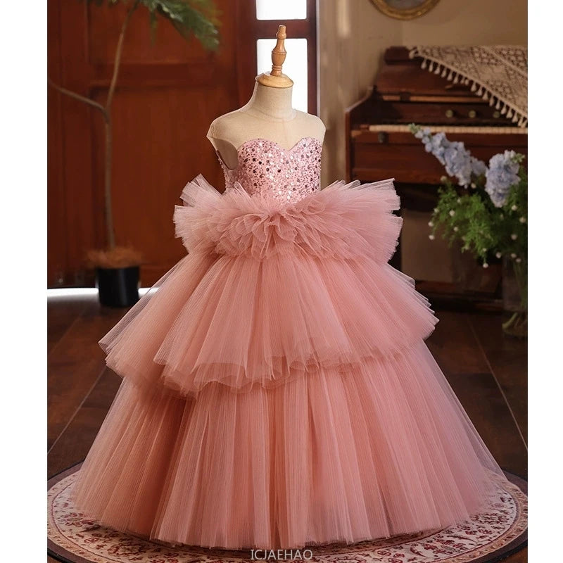 Girls Pageant Dress Stage Host Gown Kids Piano Performance Outfit Birthday Party FlowerWalking Formal Wear Girl Wedding Show