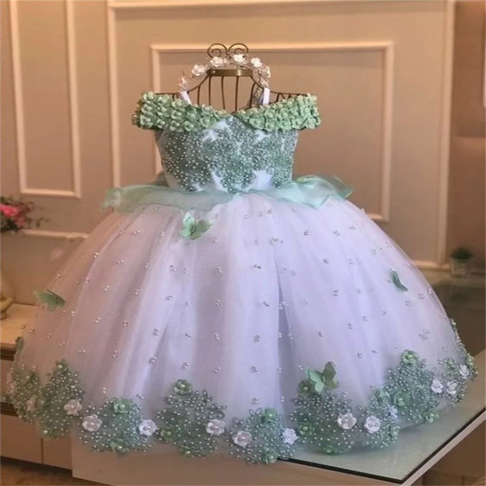 Baby Girls Dresses Off Shoulder Pearls Lace Butterflies Flower Princess Dress