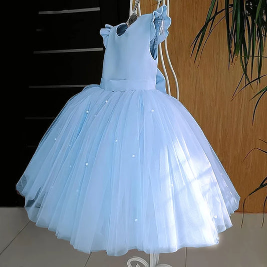 Lía Backless Bow Wedding Gown Kids Party Wear Princess Blue