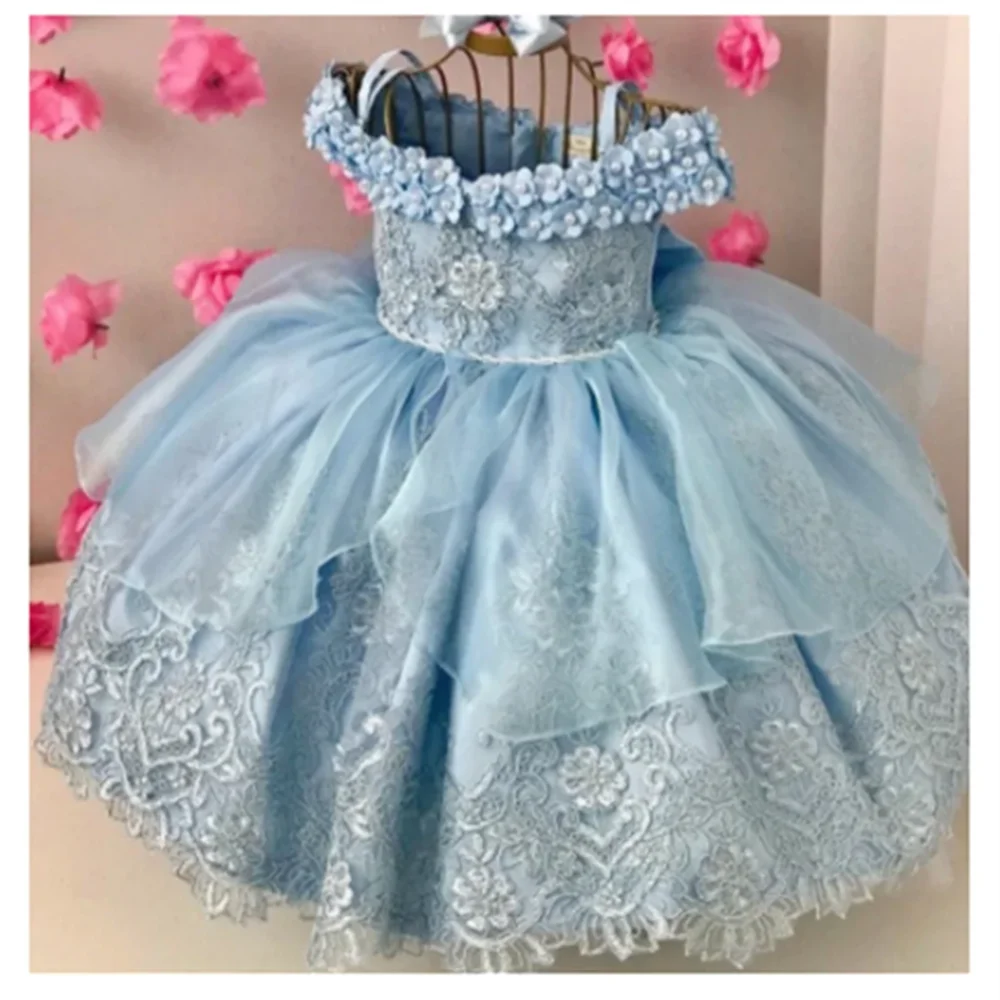 Baby Girls Dresses Off Shoulder Pearls Lace Butterflies Flower Princess Dress