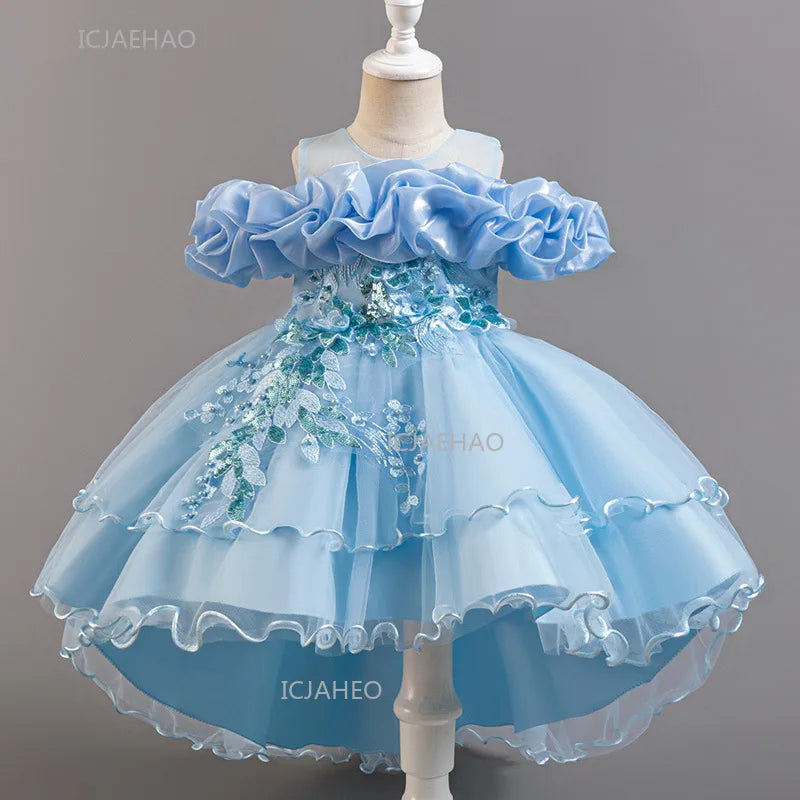 Girls Flower Girl Dress with Train Tulle Princess Gown Christmas Birthday Party Pageant Formal Dresses Kids Children Clothing