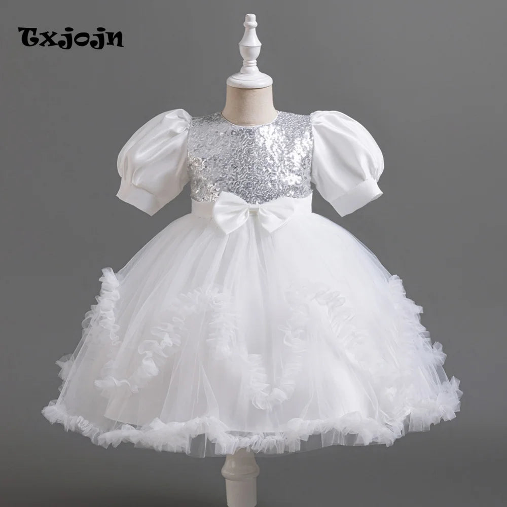 Girl's Dress 3-14 Years Old Girl's Bow Princess Dress Sequined Puff Sleeve Mesh Dress