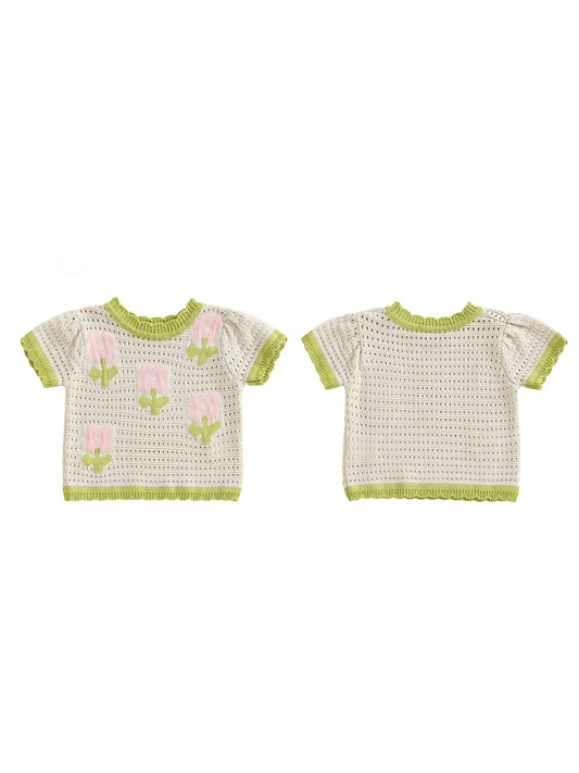 Grace Floral Print Knit Cutout Round Neck Top