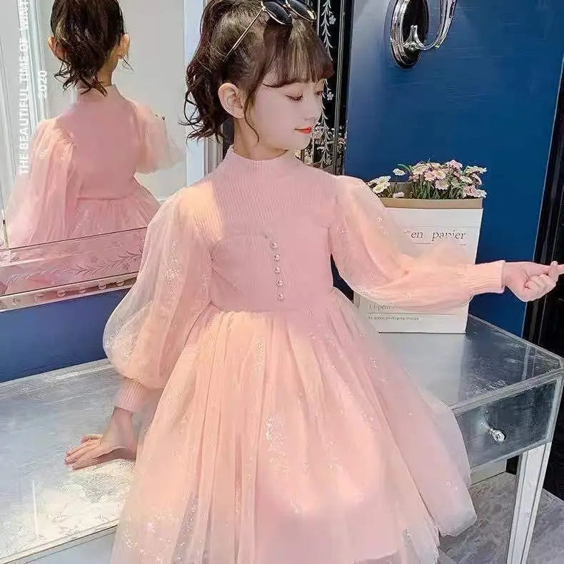 2023Girls' Autumn Winter New Fashion Half High Neck Long Sleeve Dress