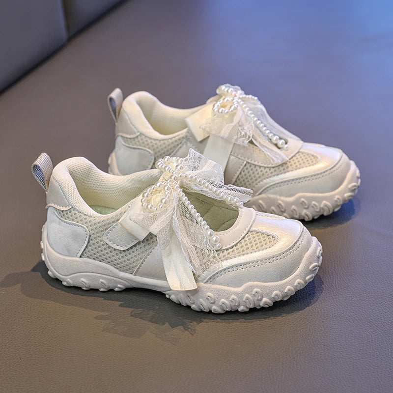 2026 Summer Kids Sport Sneakers for Girl Pearl Lace Mary Jane Flats Lightweight Non-Slip