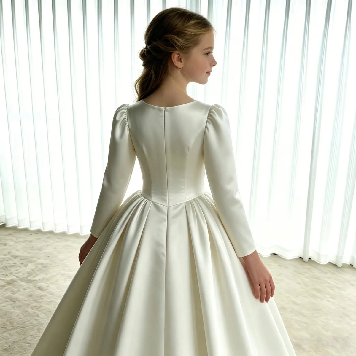 Girls First Communion Dress New Long Sleeves Satin Elegant Tail Evening Gown Girls Wedding Party Princess Dress for Juniors