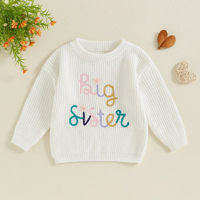 Nahiomy Girls Big Sister Fall Winter Sweater Casual Letter Flower Embroidery