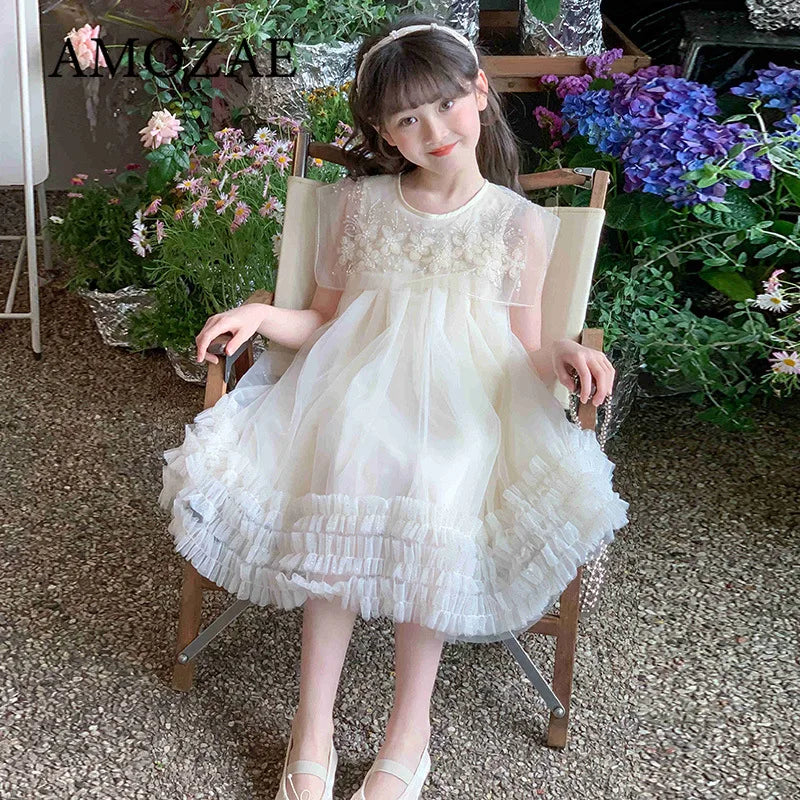 Summer Dress for Girls with Flying Sleeves Three-dimensional Flower Mesh