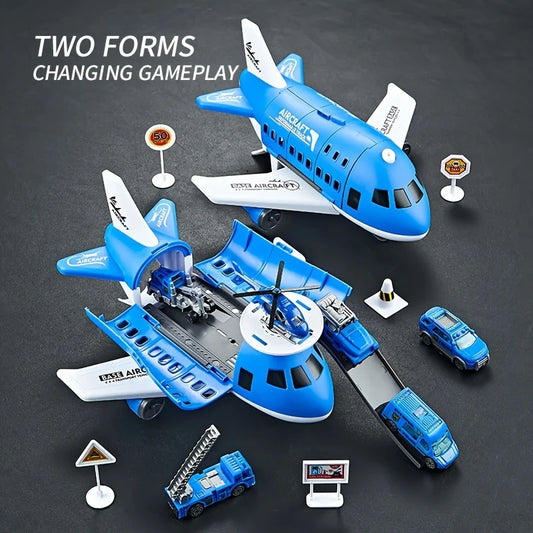 Children's Airplane Car Toy, Model Equipped with 6 Road Signs Random 3 Cars 1 Helicopter