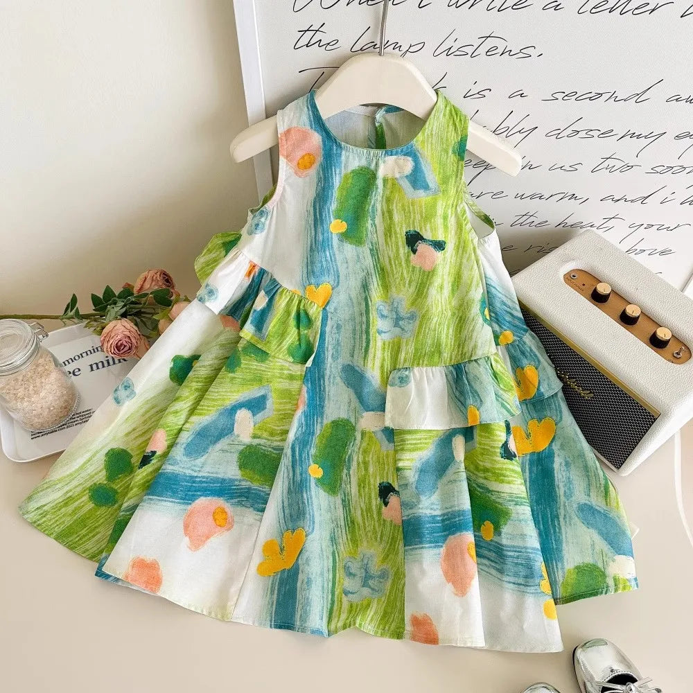 Girls Casual Dresses Flower Printing Ruffled Sleeveless Casual Dress